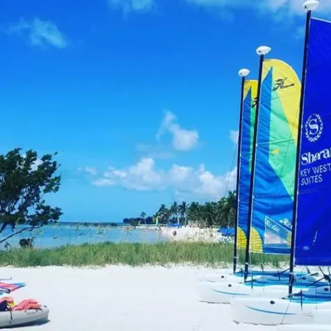 a blue and white boat sitting next to a body of water