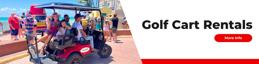 Family on a red golf cart at a scenic tourist spot with text 'Golf Cart Rentals' on the right.