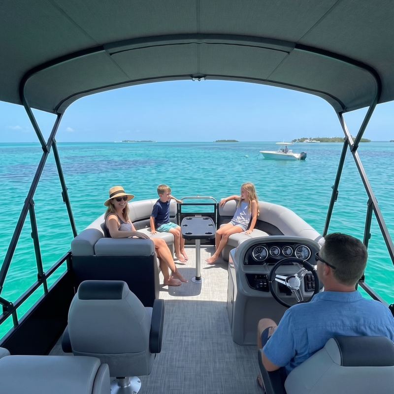 Family on a boat in clear turquoise water under a canopy, with distant islands visible.