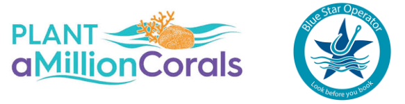 Logos for 'Plant a Million Corals' and 'Blue Star Operator' with a coral and starfish theme.