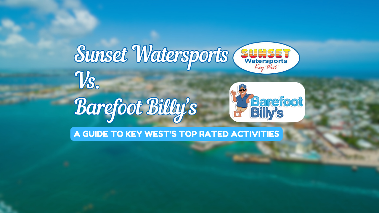 Blurred aerial view of coastline with logos of Sunset Watersports and Barefoot Billy's.