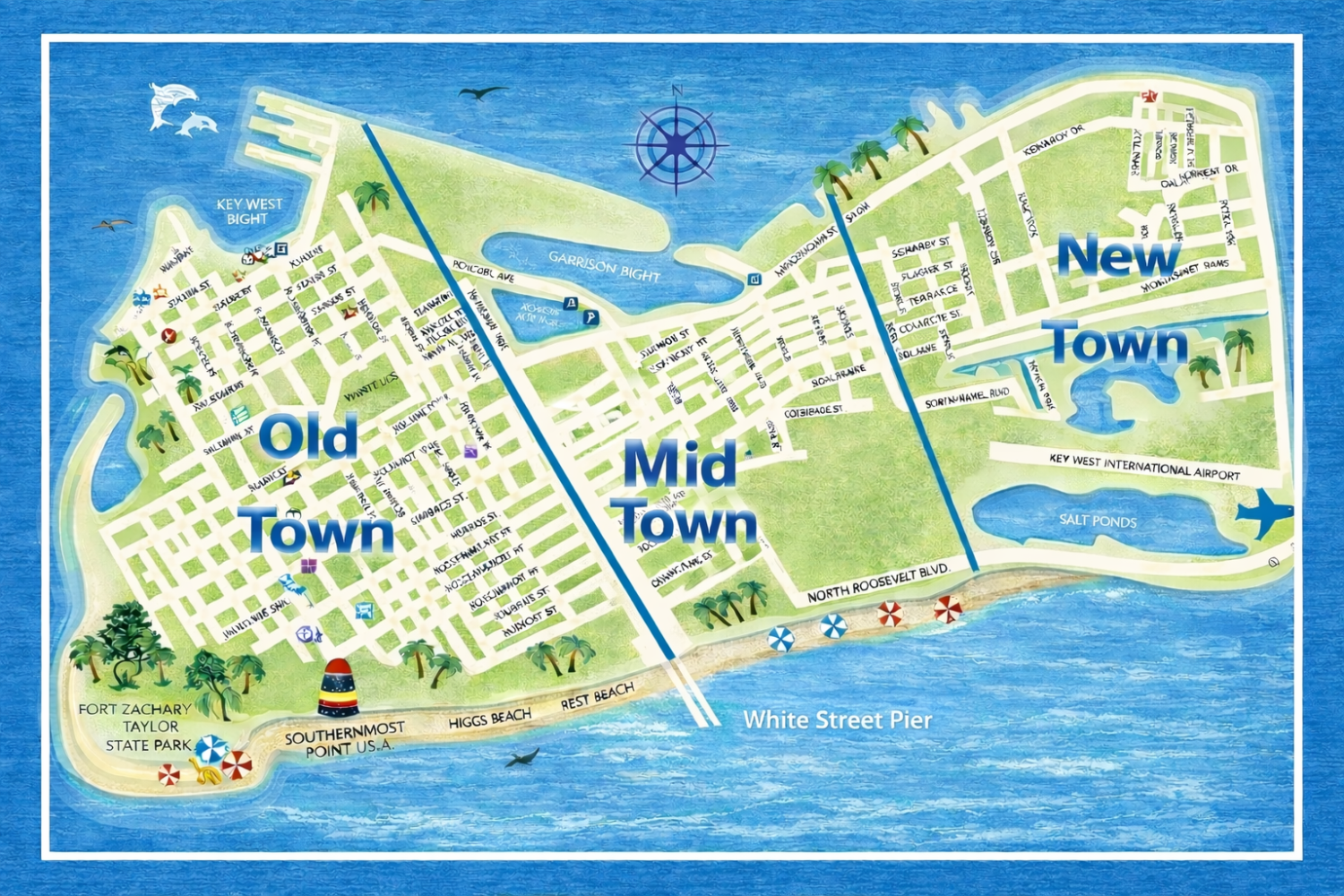 Map of Key West, divided into Old Town, Mid Town, and New Town. Sunset Watersports.