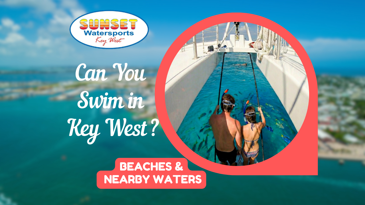 People entering clear turquoise water from a Sunset Watersports boat ladder in Key West with tropical fish visible below and text about swimming at Key West beaches and nearby waters.
