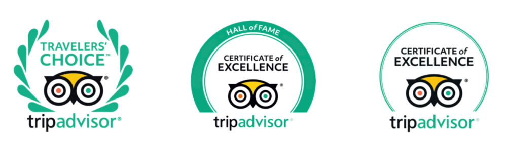 Three TripAdvisor award badges: Traveler's Choice, Hall of Fame, and Certificate of Excellence.