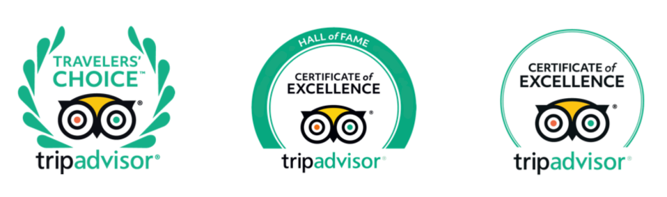 Three TripAdvisor award badges: Traveler's Choice, Hall of Fame, and Certificate of Excellence.