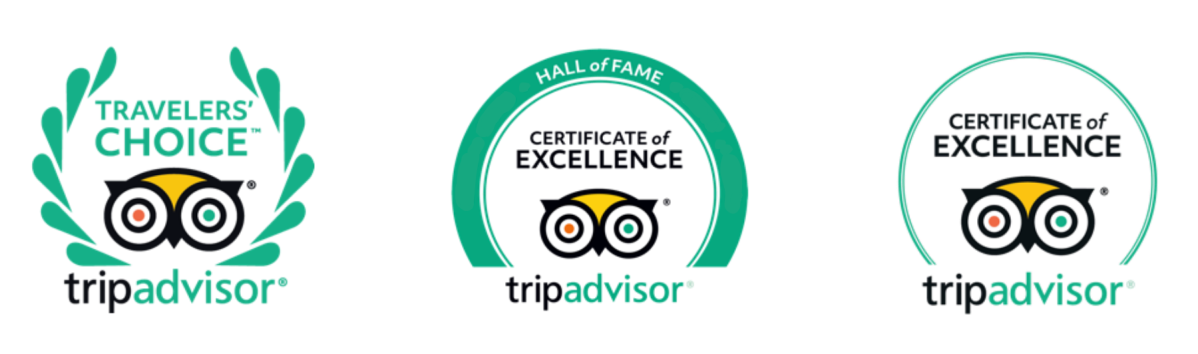 Three TripAdvisor award badges: Traveler's Choice, Hall of Fame, and Certificate of Excellence.