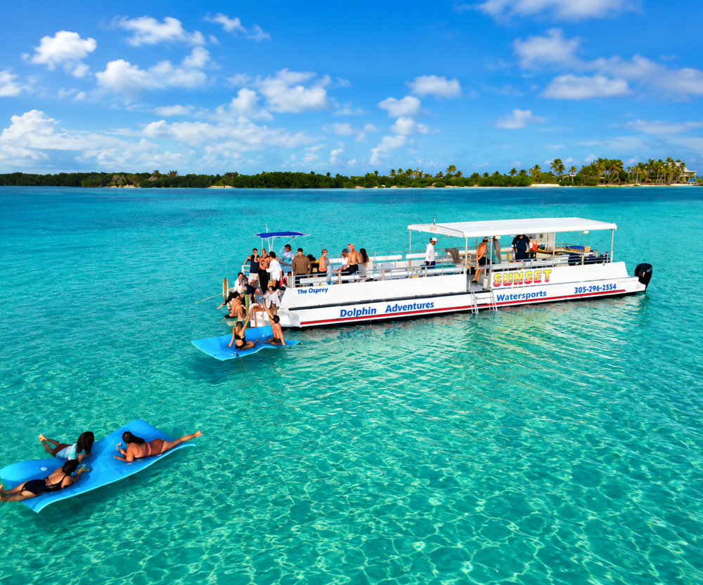 Sunset Watersports Dolphin Adventures boat with guests enjoying a Key West sandbar
