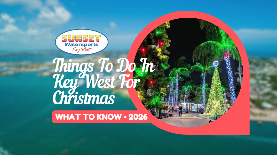 Christmas event in Key West with festive lights and palm trees, text overlay about 2026 activities.