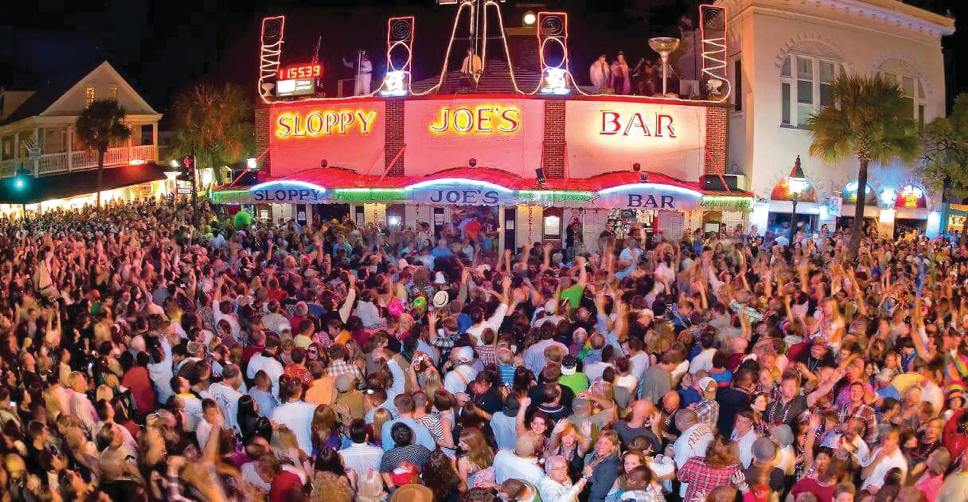 New Year's Eve crowds celebrating the Conch Shell Drop outside Sloppy Joe's Bar on Duval Street in Key West.